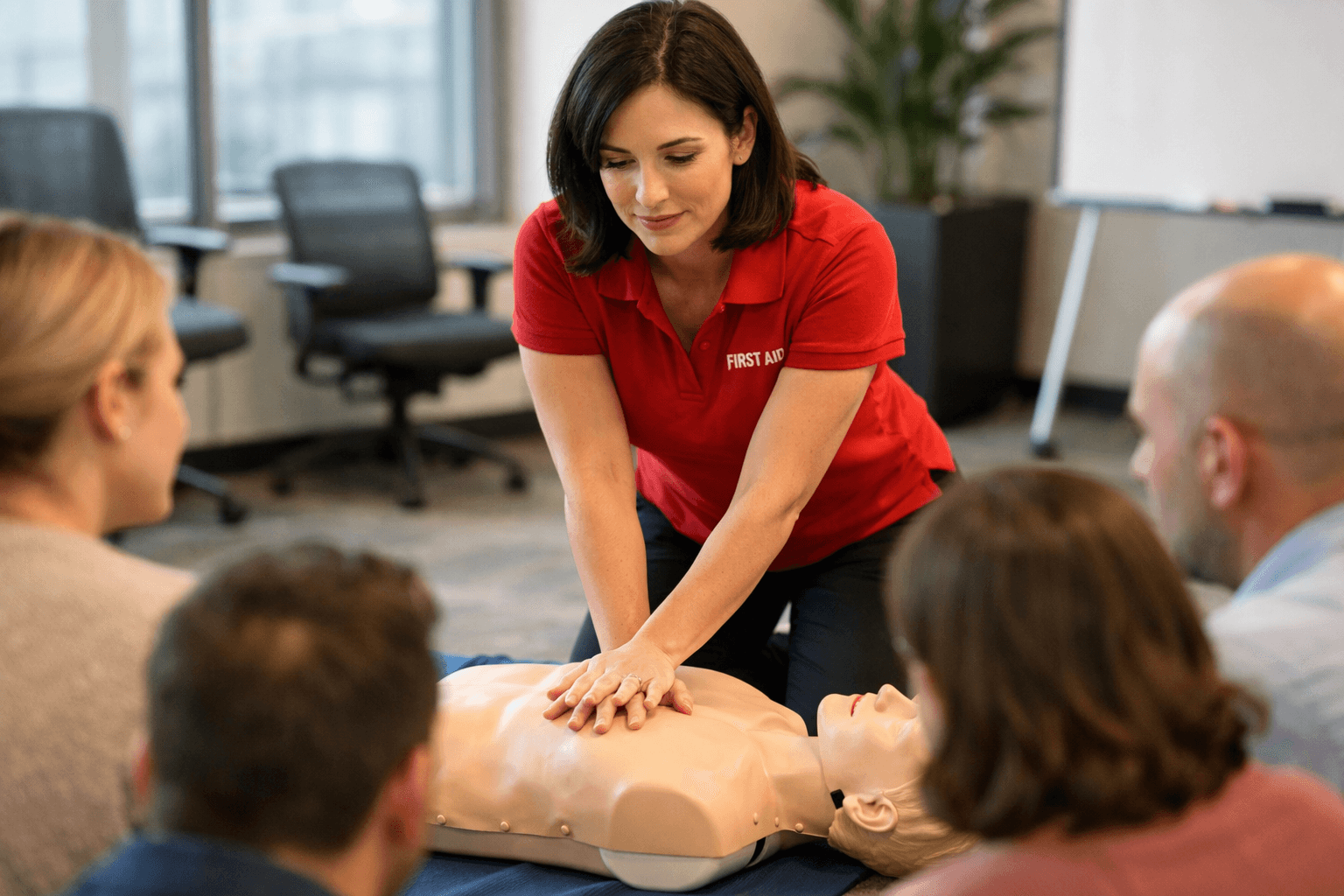 WSIB-approved first aid and CPR training session with participants practicing skills in Essex County